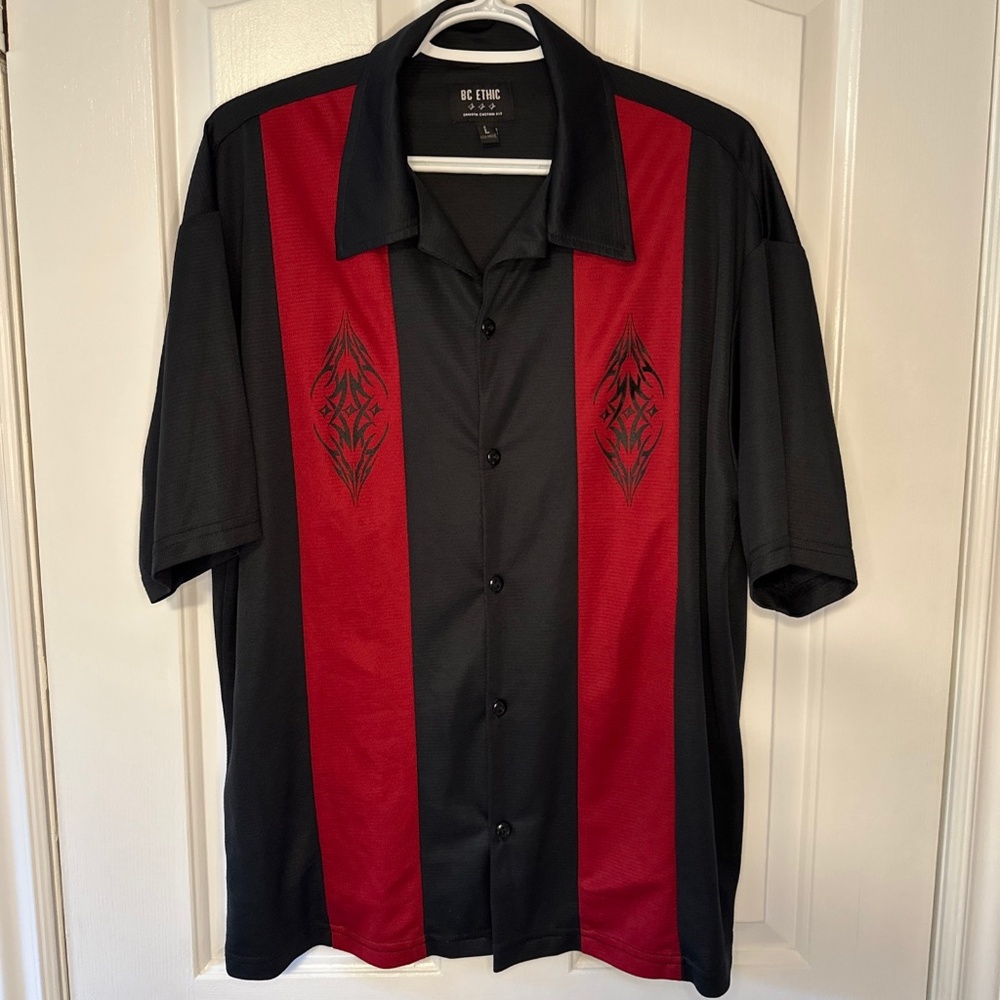 BC Ethic Mens Large Vintage Button Up Shirt Rockabilly Bowling Retro Black Red